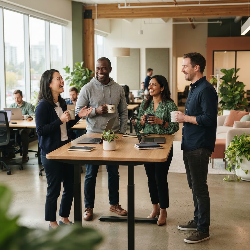 Diverse colleagues laughing together in a modern bright office