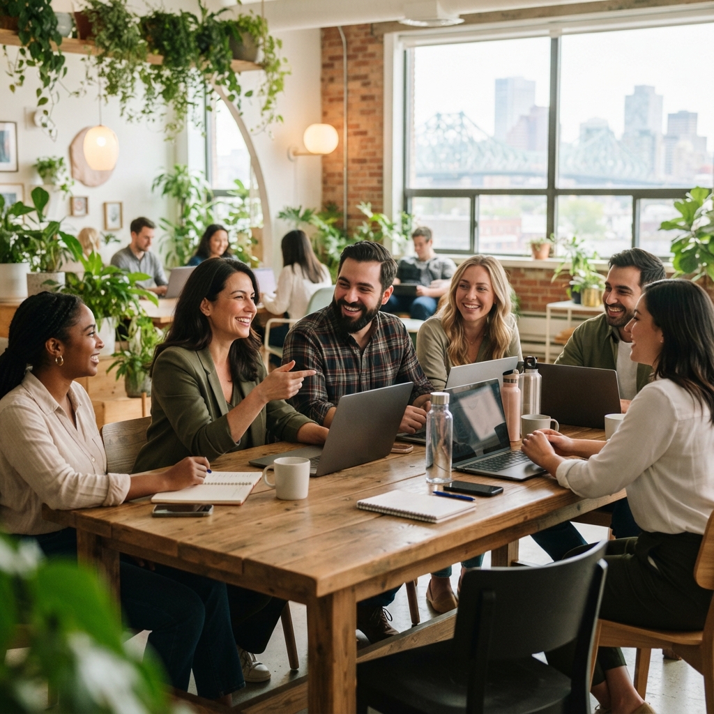 Diverse coworkers collaborating and sharing appreciation in a modern office