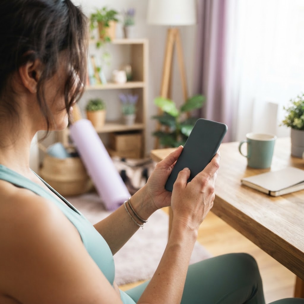 Person using a mobile app to manage health benefits in a home office