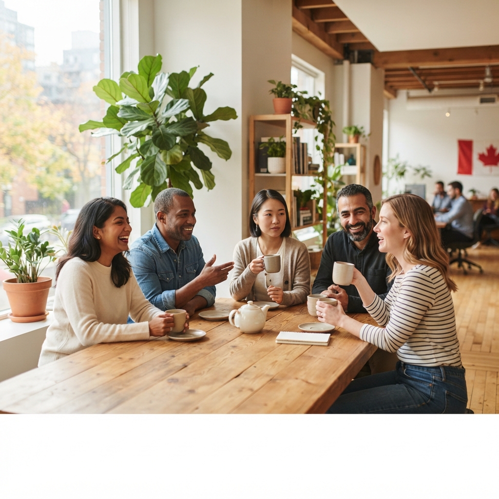 Diverse colleagues gathered in a modern sunlit office