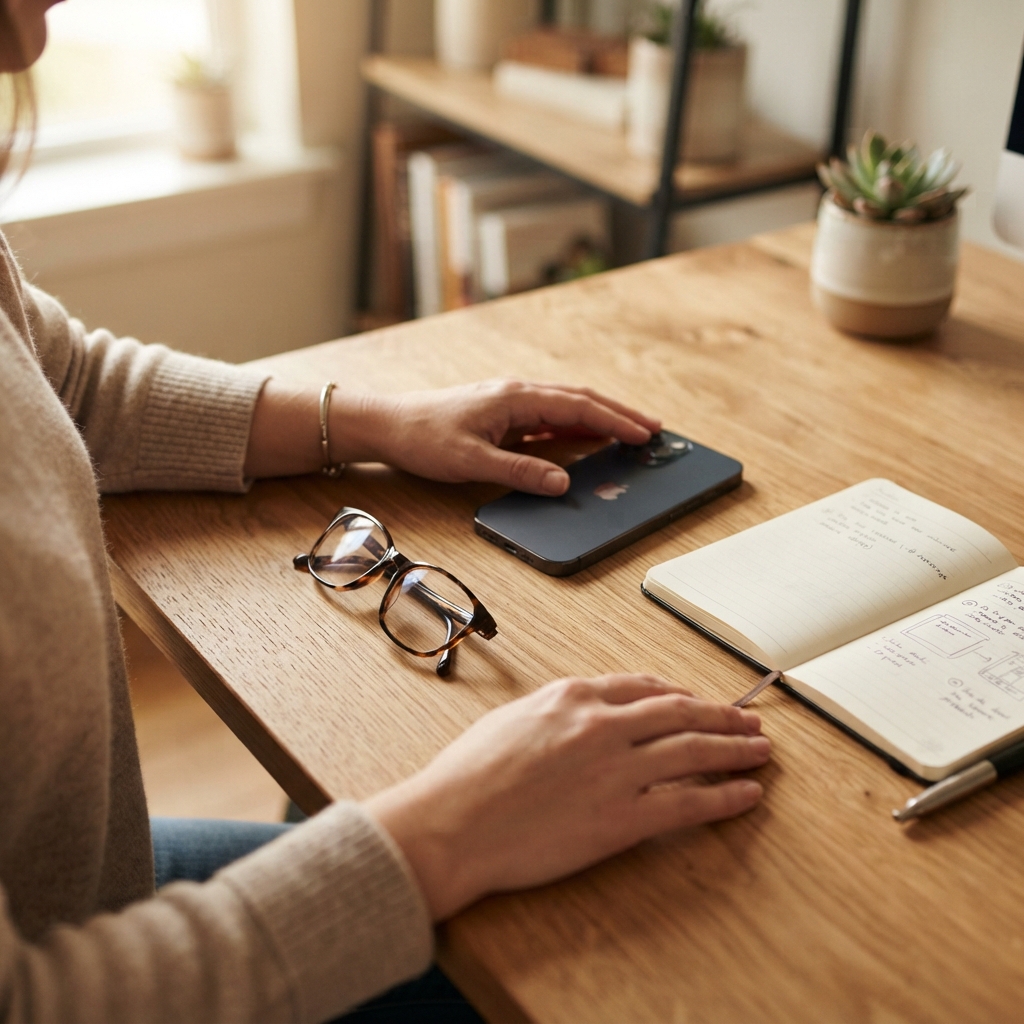 Close up of a smartphone next to glasses and a notebook on a clean wooden desk