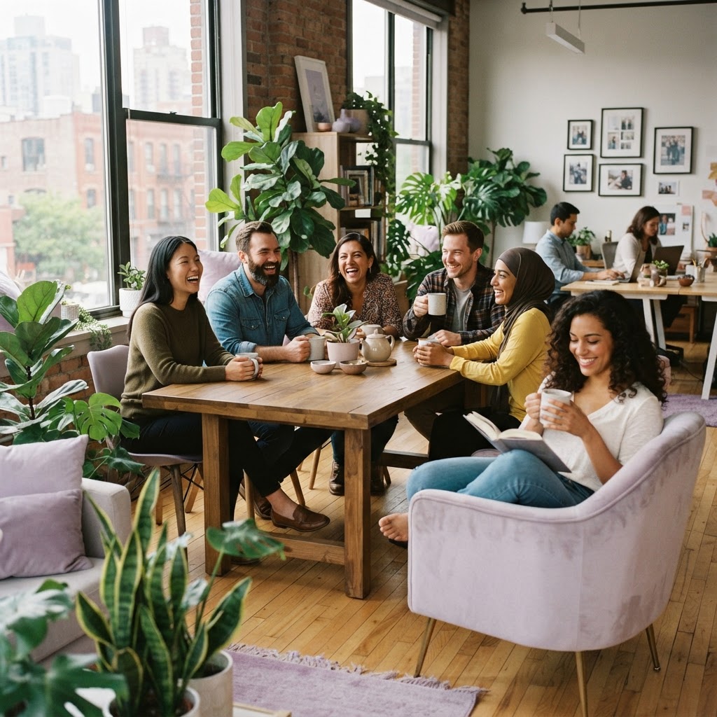 Diverse employees laughing and relaxing in a modern office