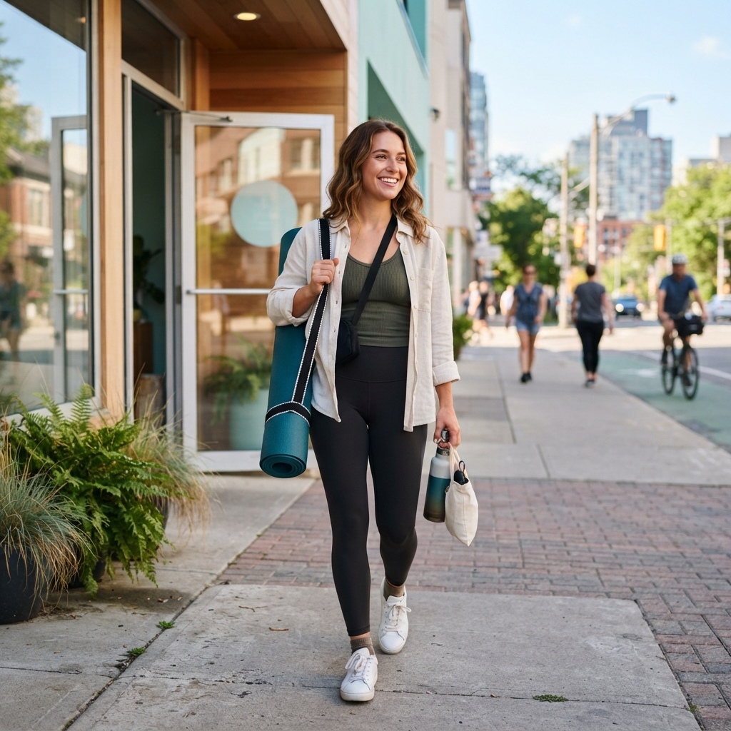 Person carrying a yoga mat exiting a wellness studio