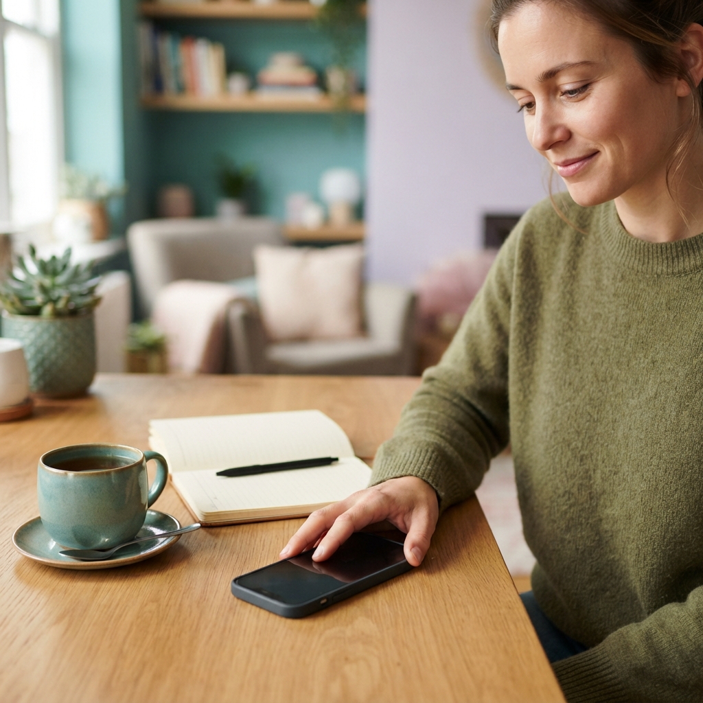 Relaxed person in a home office space with a smartphone