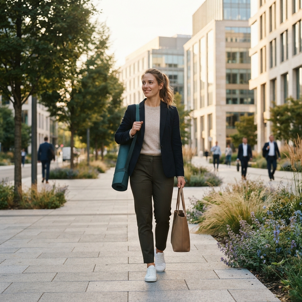 Professional walking through a city park with a yoga mat