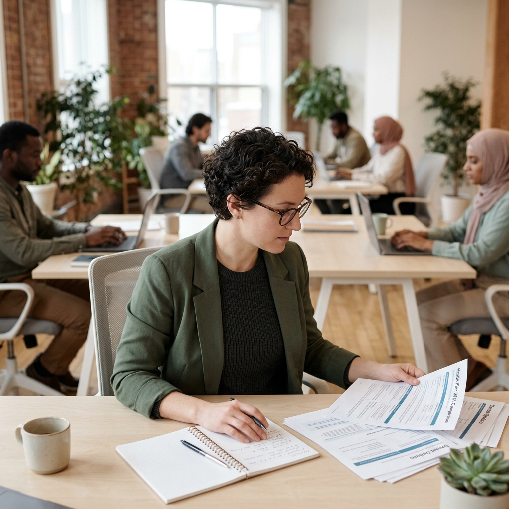 HR manager reviewing employee benefits comparison documents