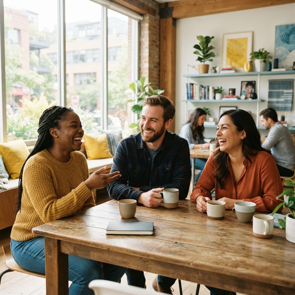 Diverse team laughing together in a sunlit office