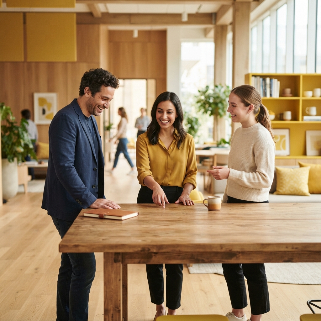 Colleagues collaborating in a bright modern office workspace