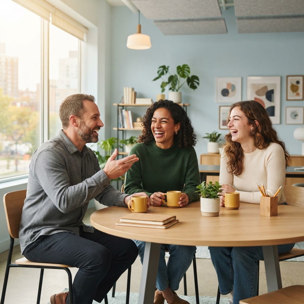 A small diverse team laughing together in a sunny modern office