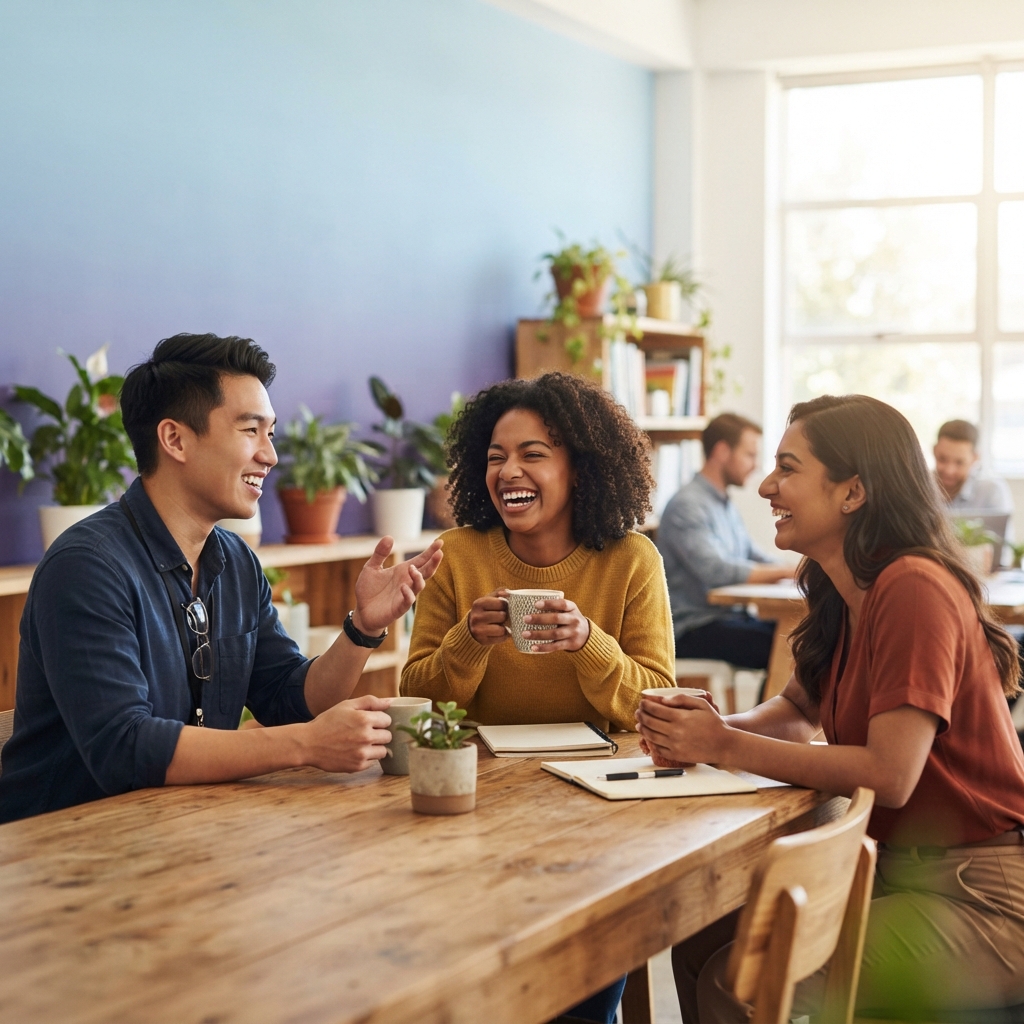 Diverse team laughing together in a modern office space