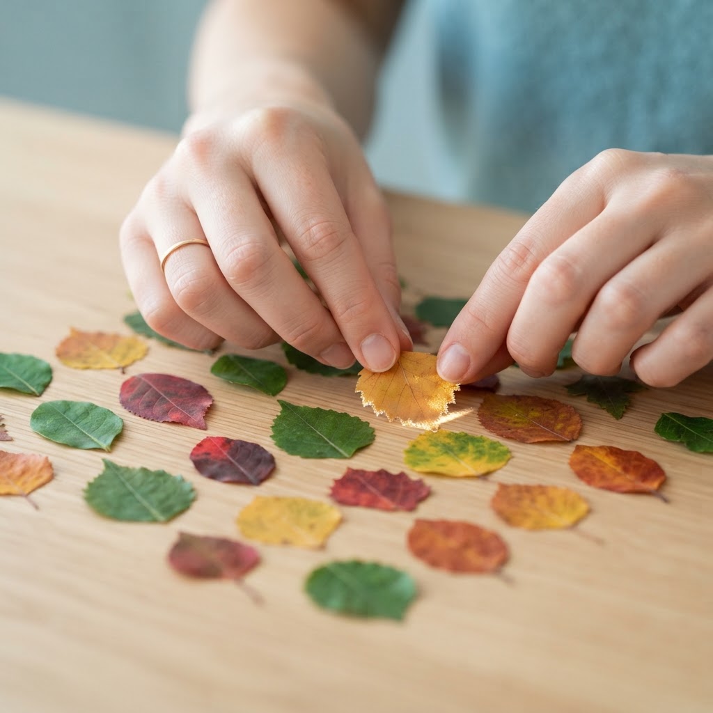 Hands neatly organizing natural objects on a clean surface