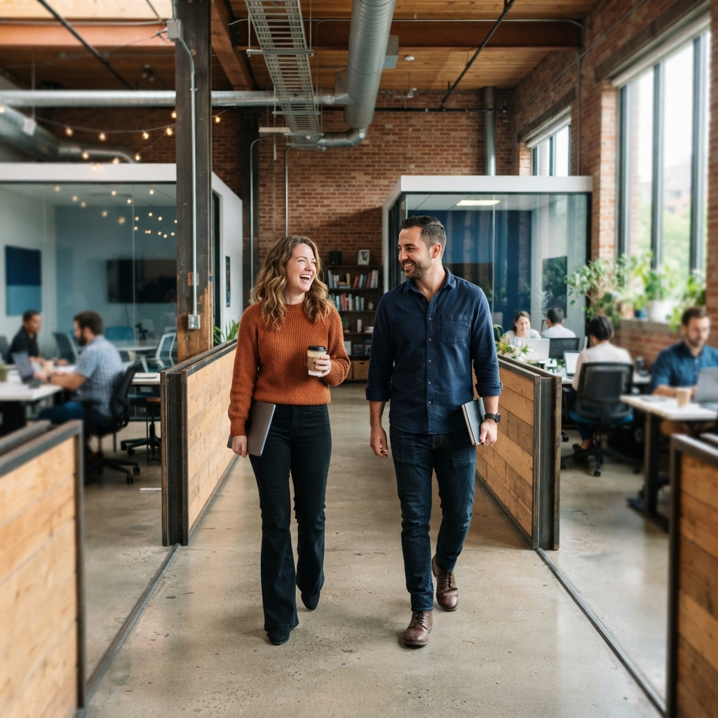 Two colleagues walking and talking in a modern office