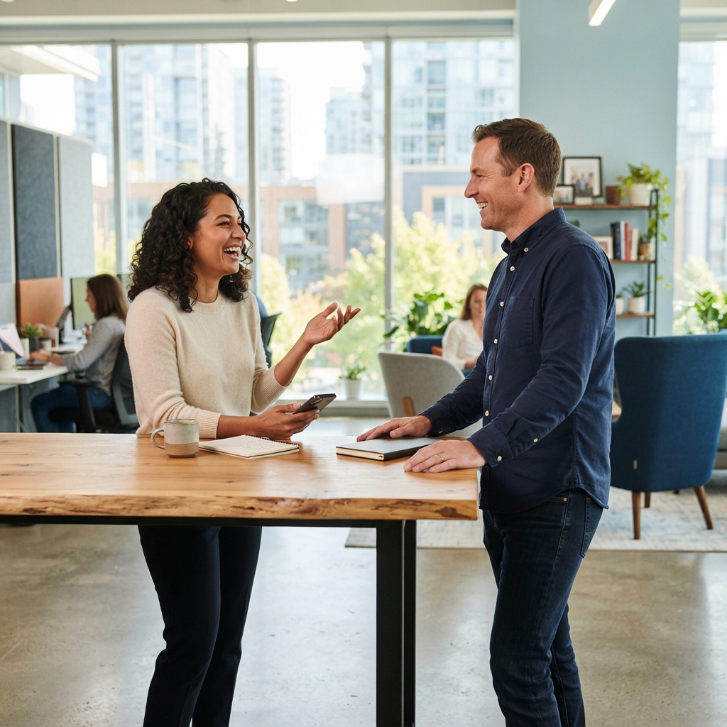 Two colleagues collaborating in a bright modern office