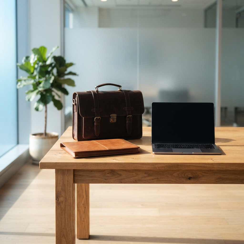 Clean organized office workspace with laptop and bag