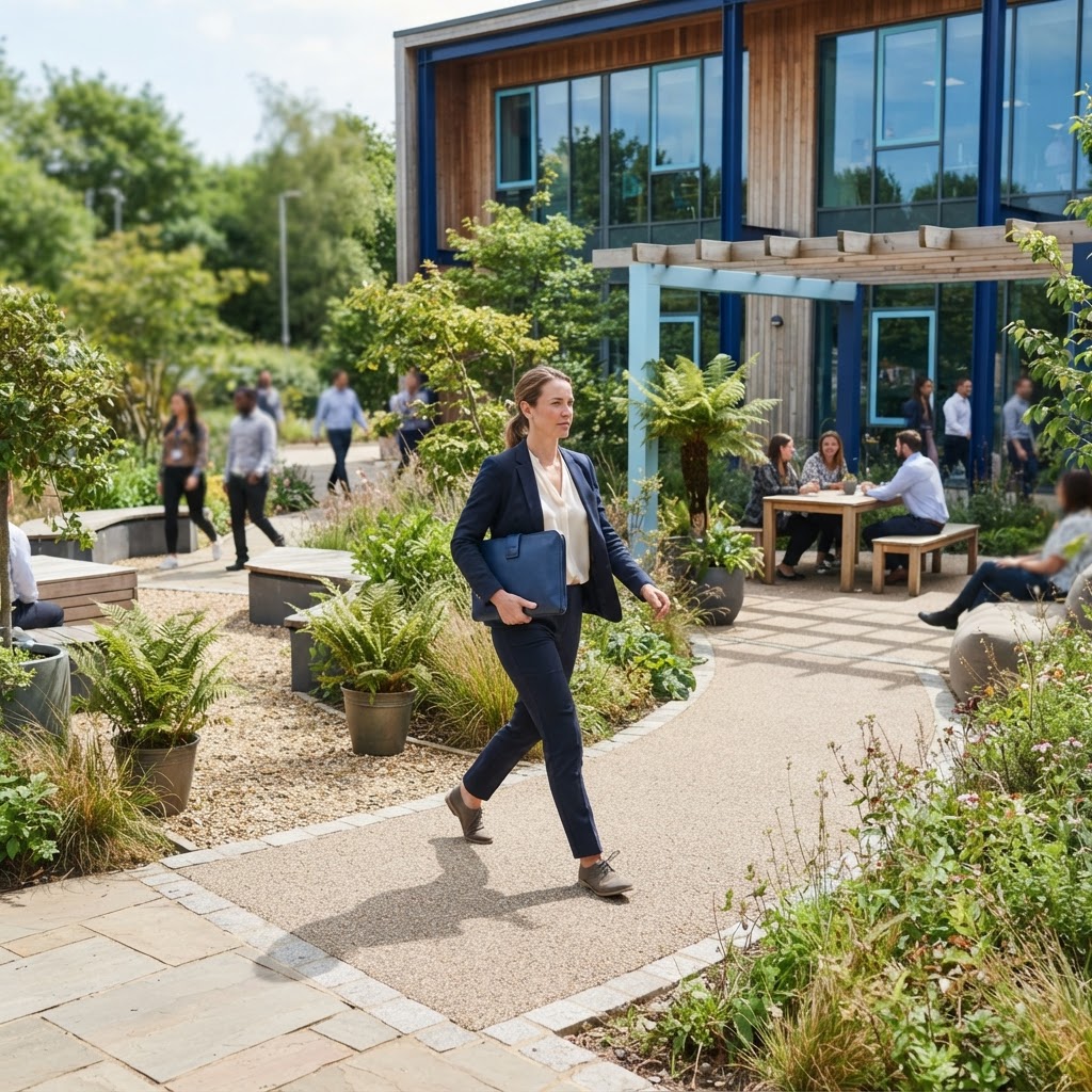 Professional walking through a bright modern workspace