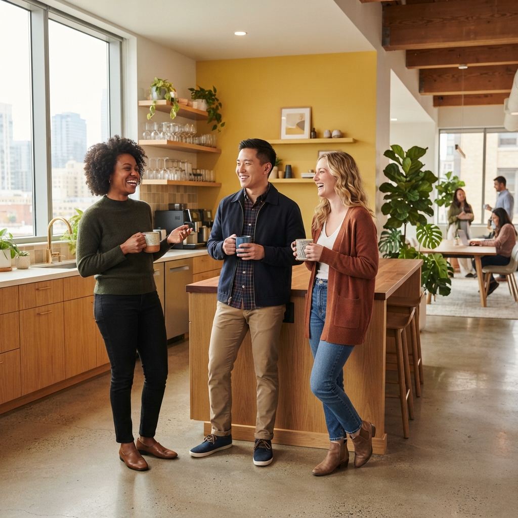 Diverse team laughing together in a modern office