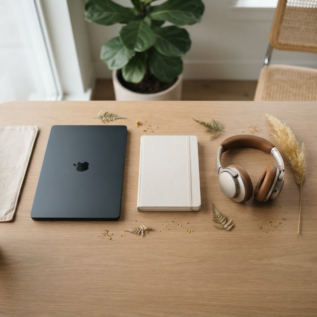 Neatly arranged work items on a clean surface