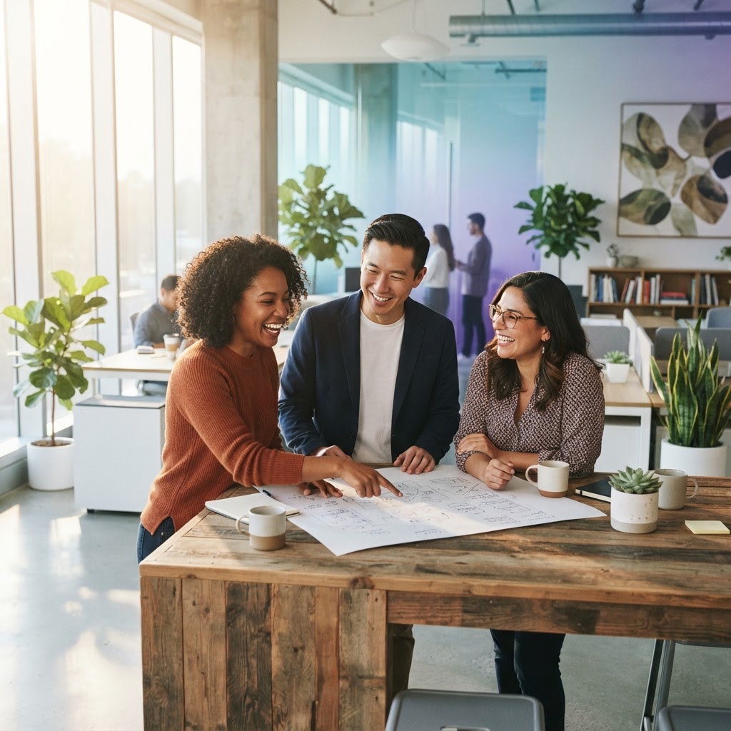Diverse team laughing and collaborating in a modern office