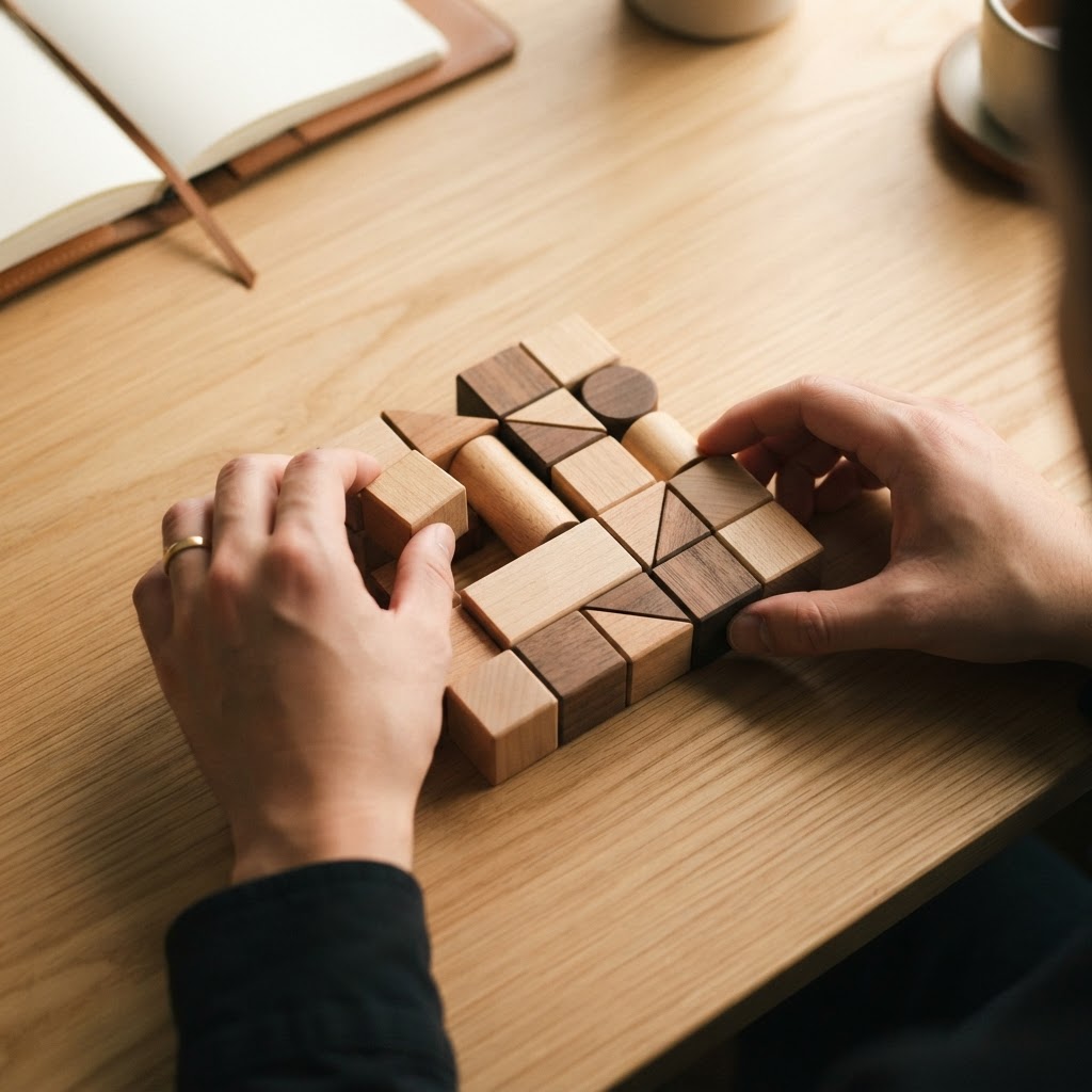 Hands arranging wooden blocks representing organizational structure