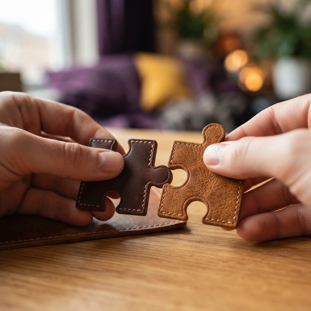 Hands fitting two puzzle pieces together