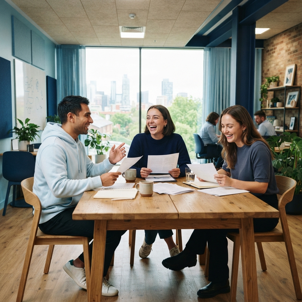 A diverse team laughing and collaborating in a bright modern office