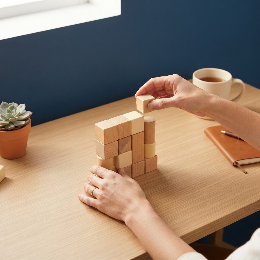 Hands organizing wooden blocks on a clean desk surface
