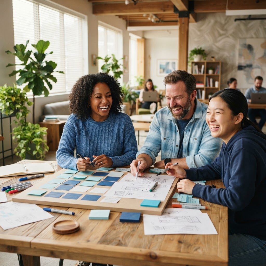 Diverse team laughing and collaborating in a modern sunlit office