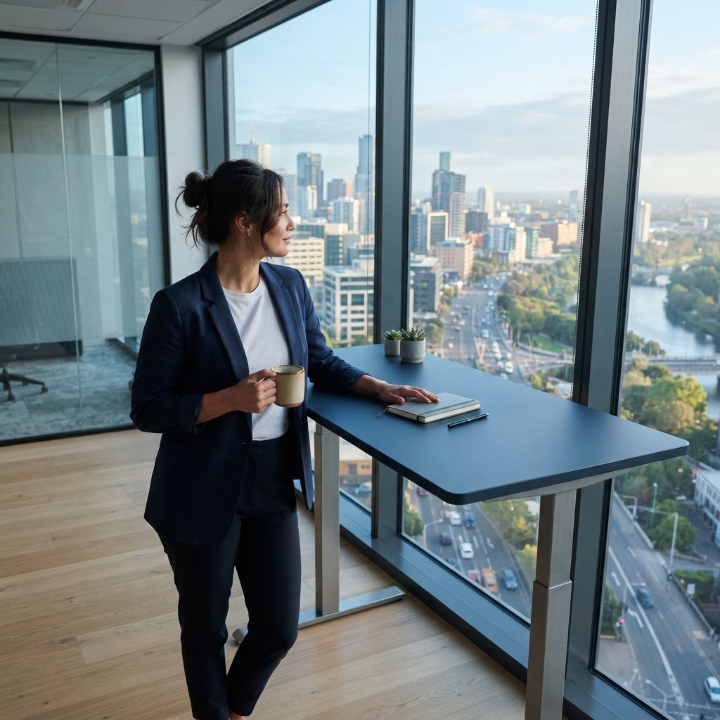 Professional person standing at a clean desk looking out a window