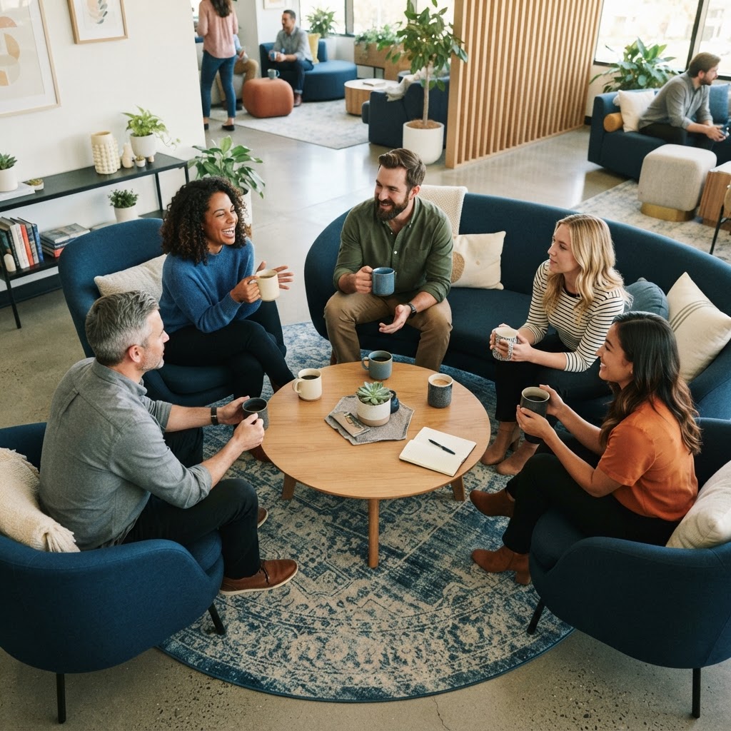 Team members having a relaxed conversation in a lounge area