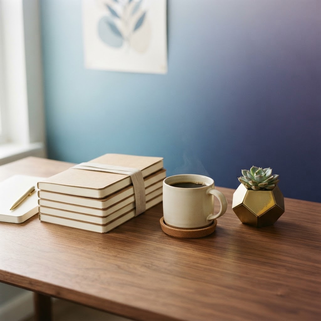 Clean organized wooden desk workspace with warm highlights