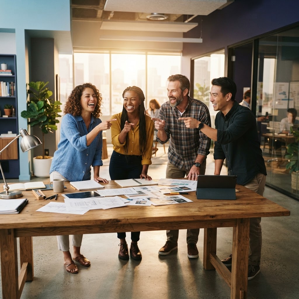 Diverse team collaborating in a bright modern office