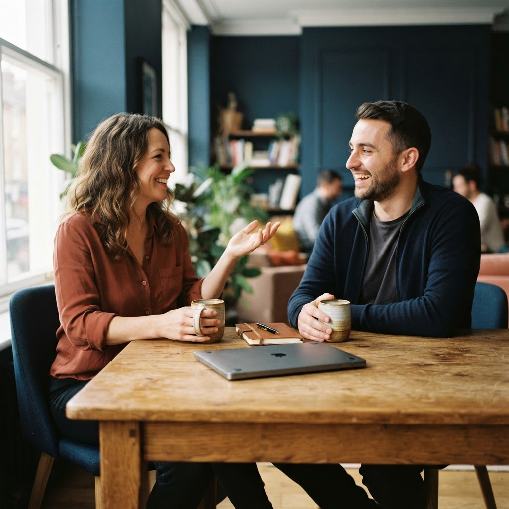 Founder and operations lead having a relaxed conversation