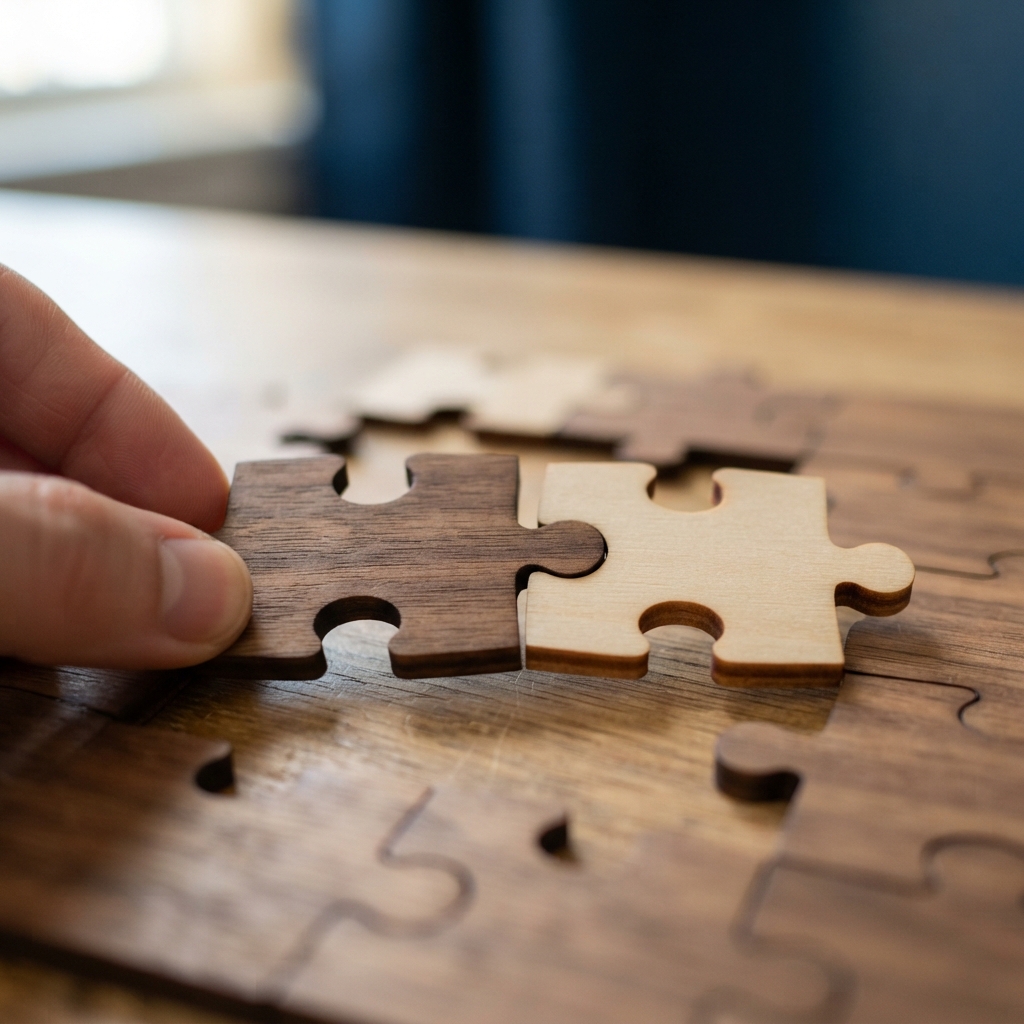 Interlocking wooden puzzle pieces on a desk