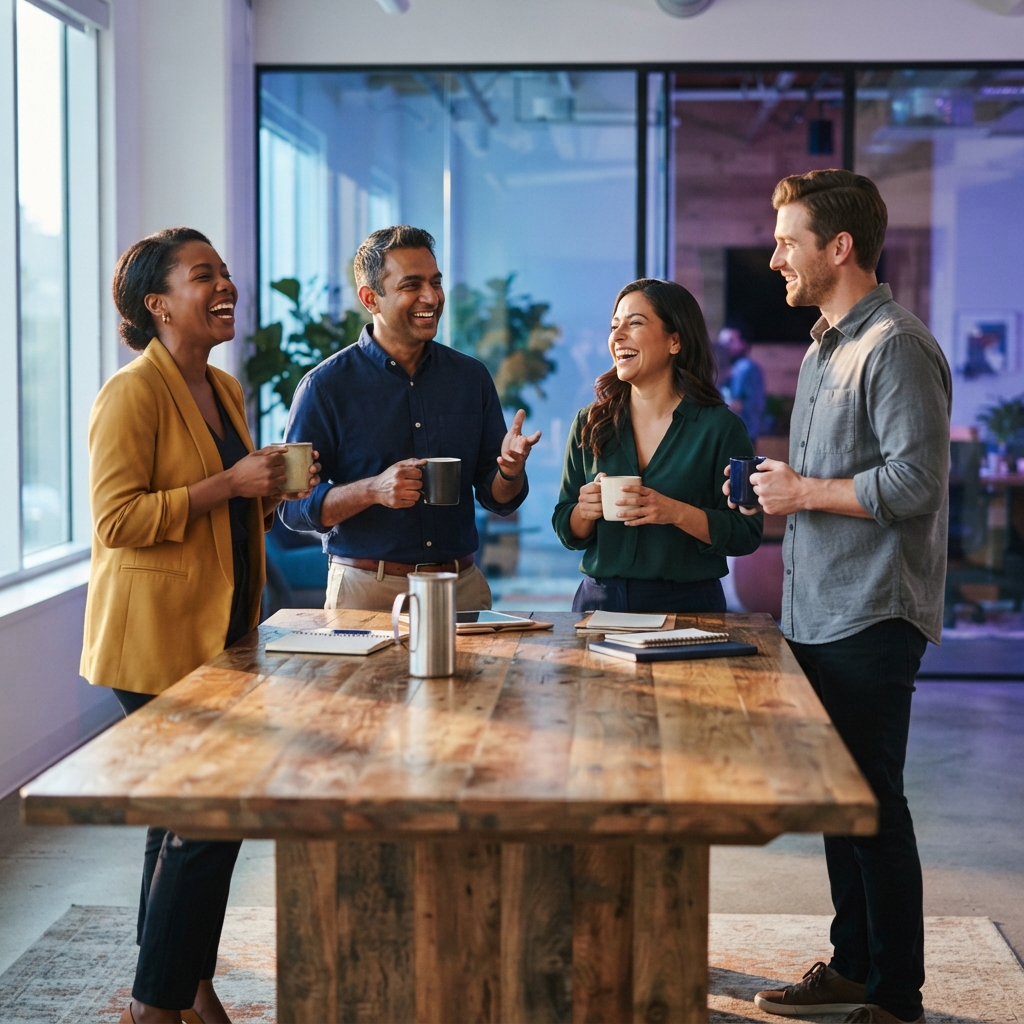 A diverse team collaborating in a bright modern office