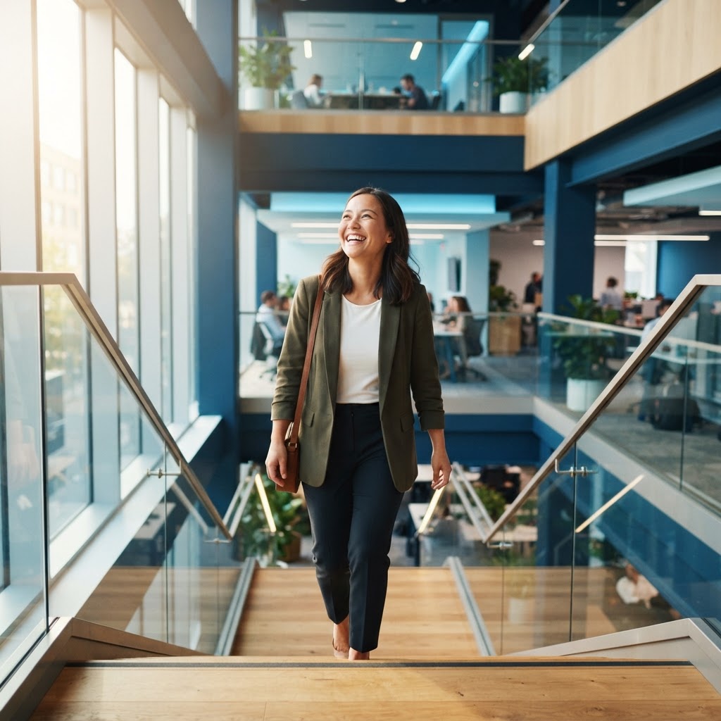 A professional walking up stairs symbolizing career growth