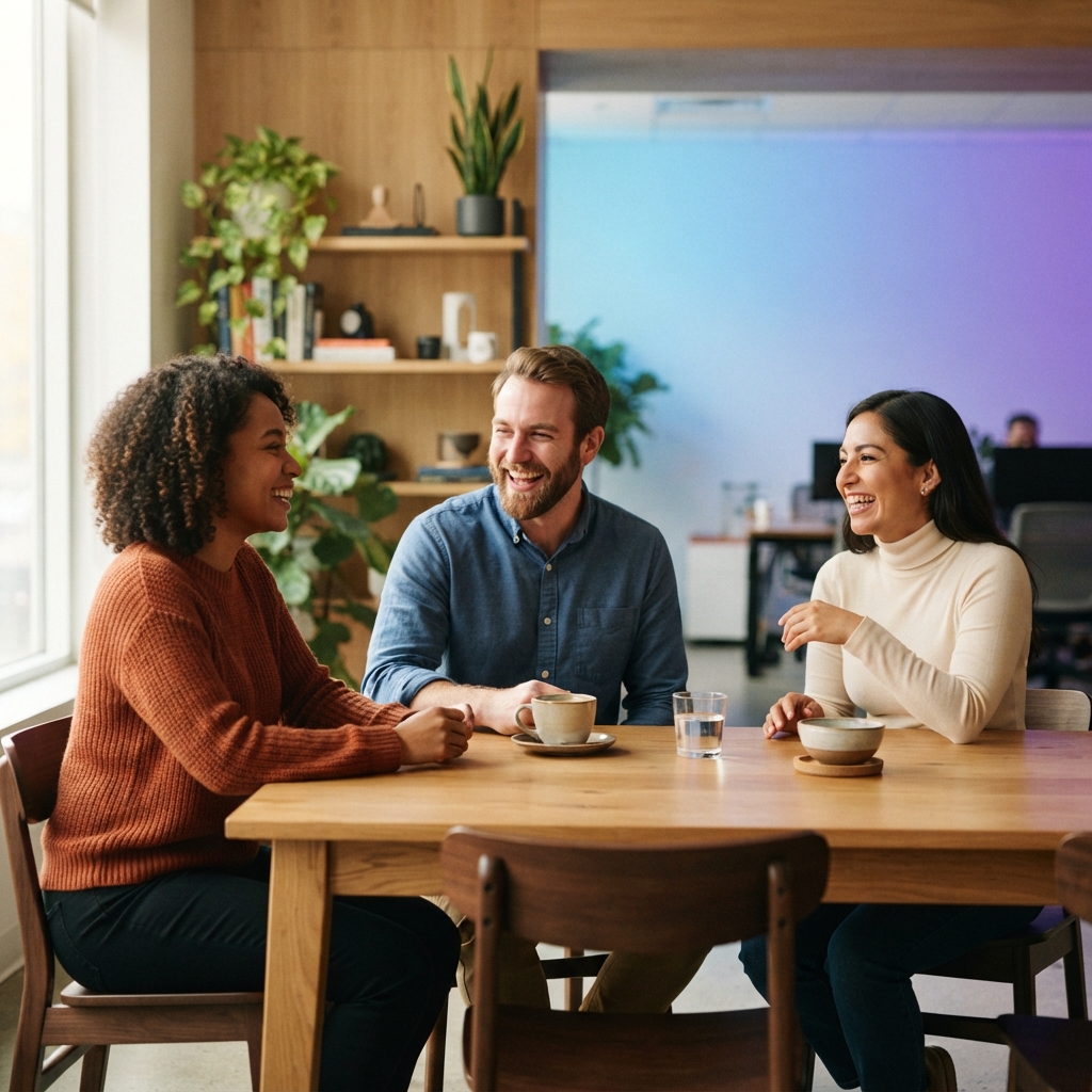 Diverse team laughing together in a sunlit office