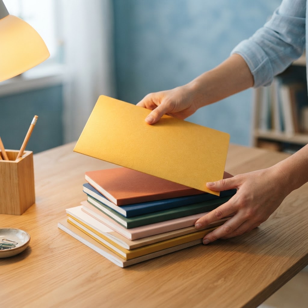 Hands organizing clean stationery on a wooden desk