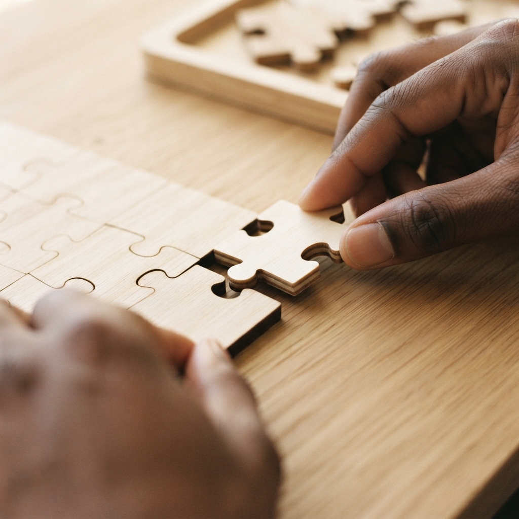 Hands fitting puzzle pieces together