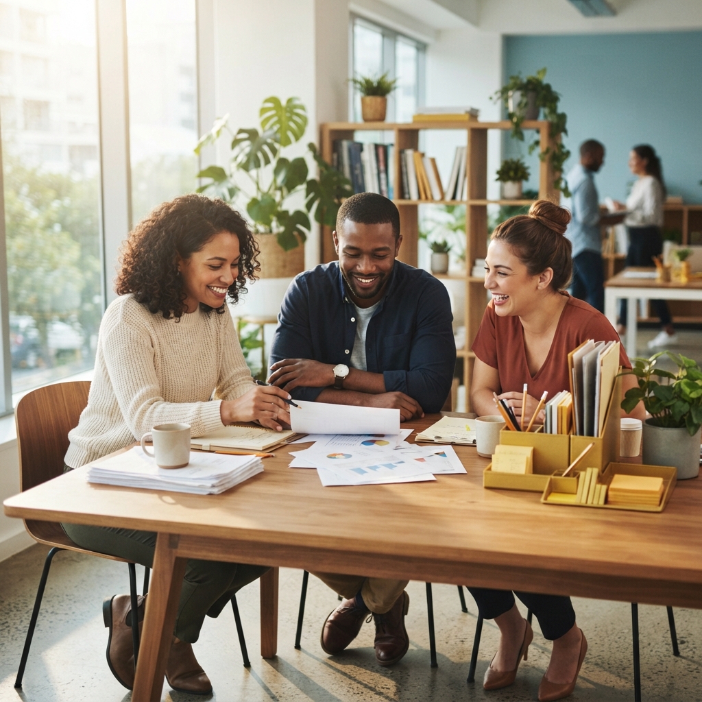 Diverse team collaborating happily in a sunlit modern workplace