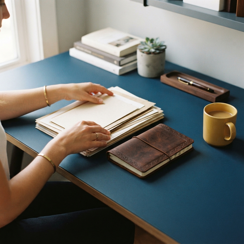 Hands organizing papers on a clean desk surface