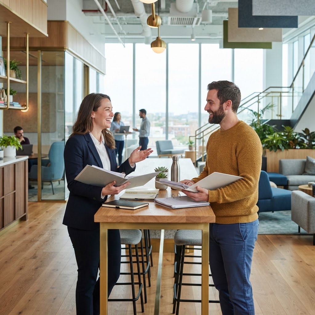 Two coworkers chatting in a bright open office