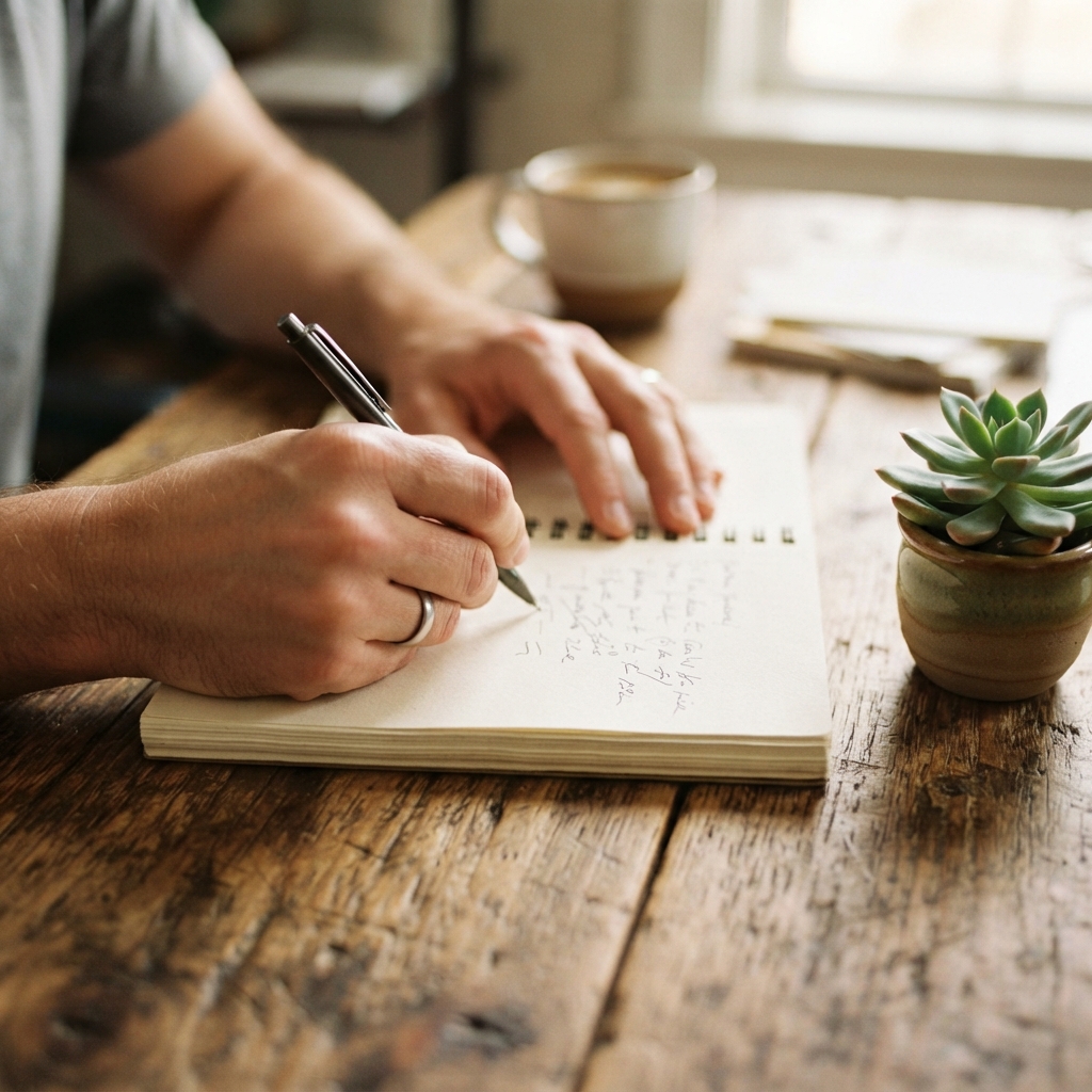 Close up of person writing in a notebook