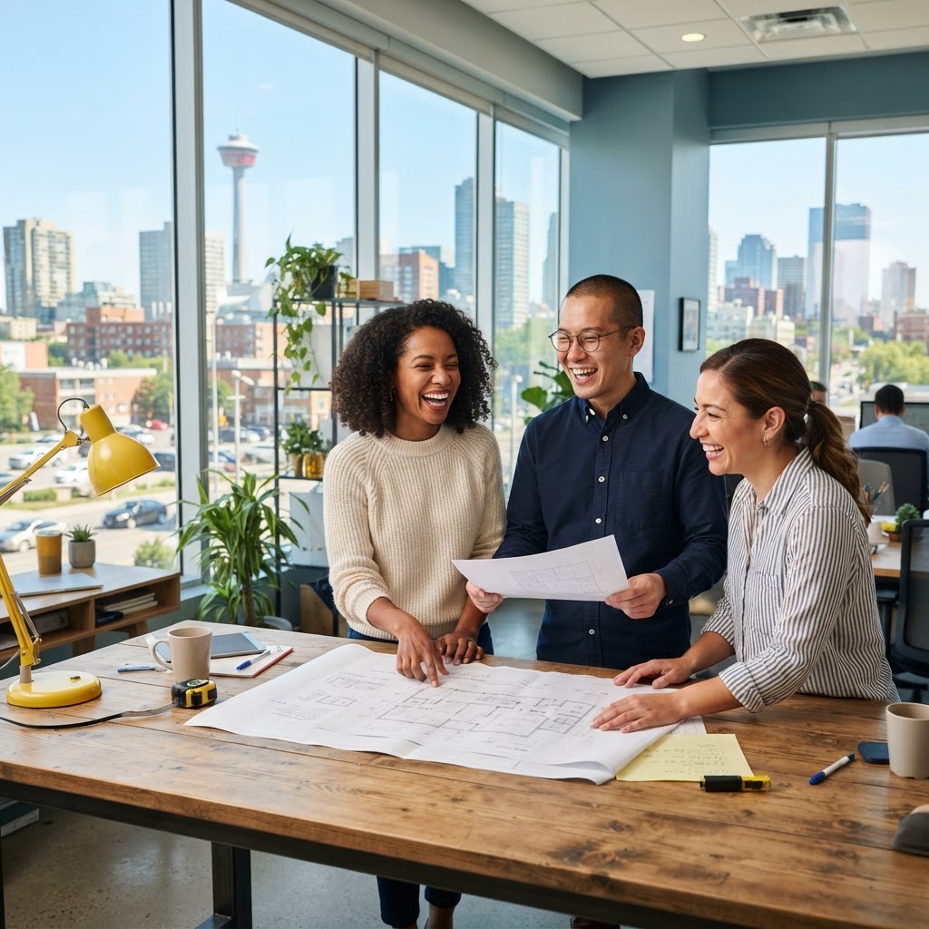 Diverse team laughing and collaborating in a sunlit office