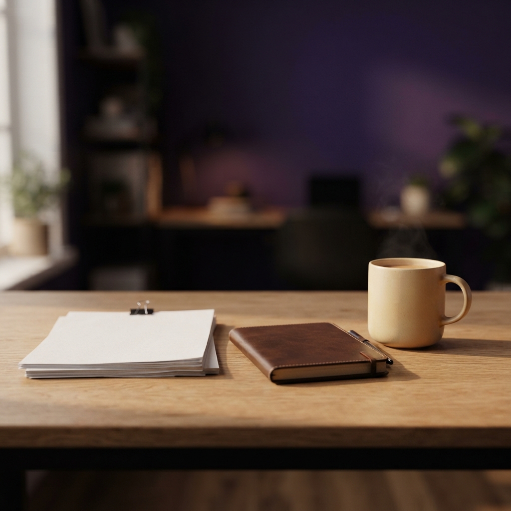 Neatly organized desk surface with notebook and mug