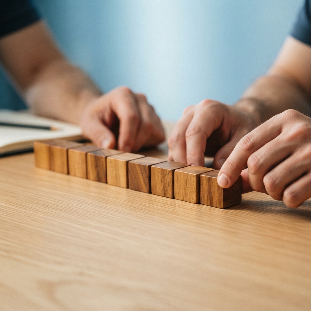Hands organizing wooden blocks into a straight line