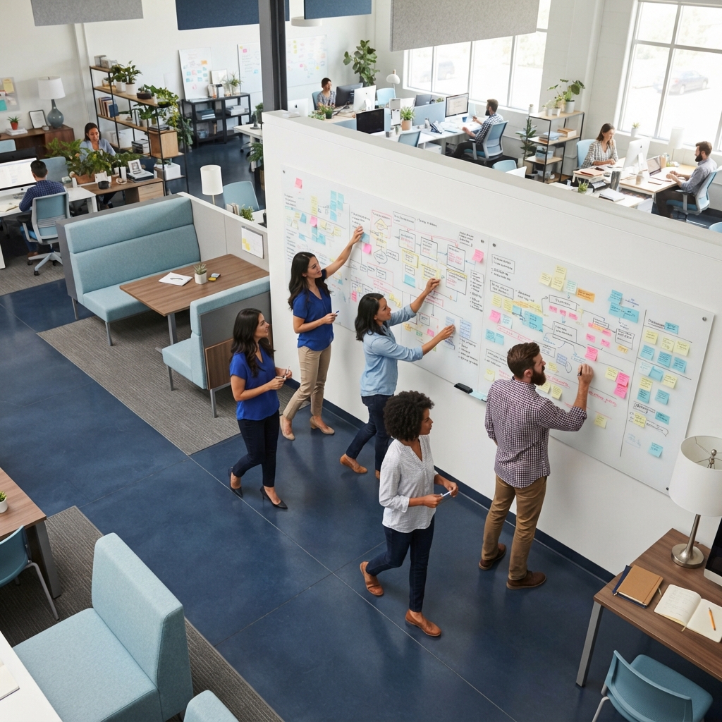 Team organizing tasks on a wall in a modern office