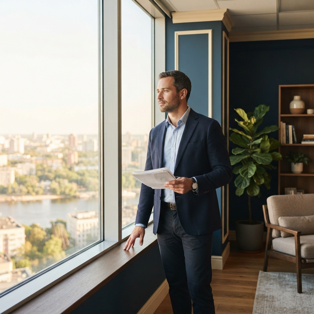 A person standing by a window reflecting on a decision