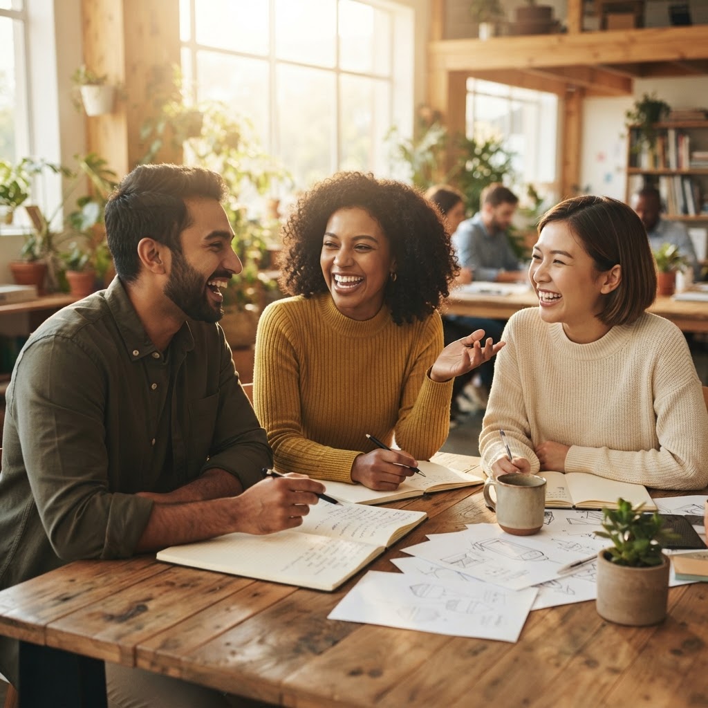 Three coworkers laughing together in a modern office