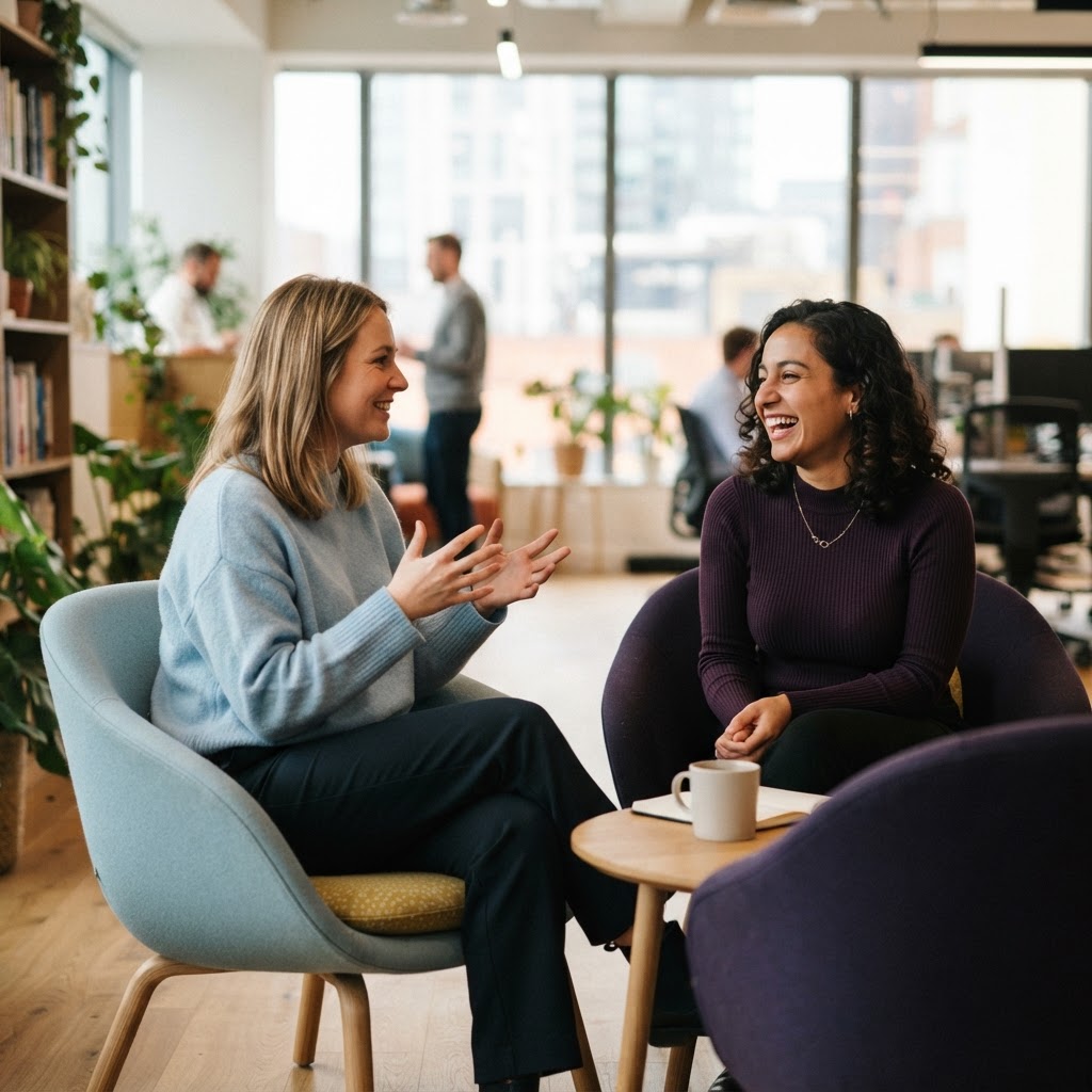 Two coworkers talking in a relaxed lounge setting