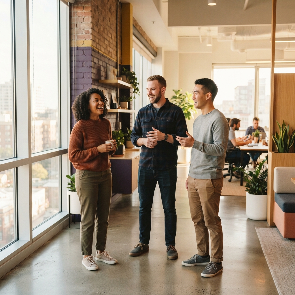 Diverse team collaborating in a bright modern workspace